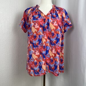 Rungolee Top Womens Small Red Abstract‎ Boho Artsy Silk Resortwear Lightweight
